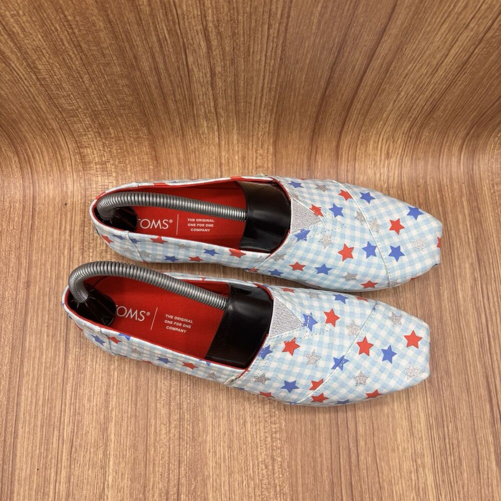 TOMS Blue & Red Gingham‎ Glow In The Dark Star Print Alpargata Shoes Size 9.5 - Picture 9 of 9